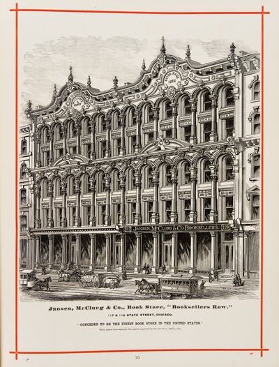 Jansen, McClurg und Company Buchhandlung bei 117 und 119 State St., Chicago. Illustration in The Merchants and Manufacturers of Chicago Illustrated, 1873 von American School